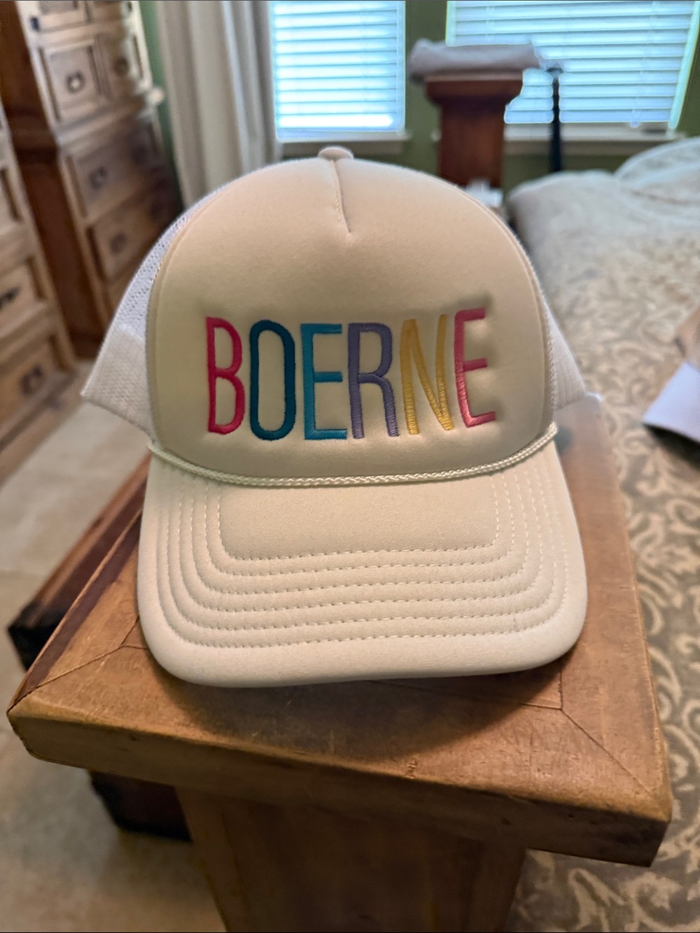 OTTO White Trucker Hat with Multicolor "BOERNE" Embroidery